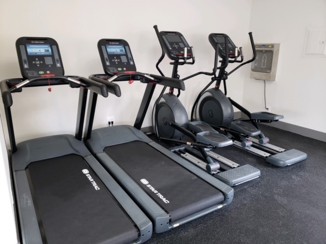Treadmills and ellipticals in a hotel setting