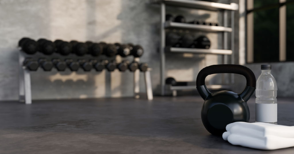 dumbbells and kettlebells in a workout area