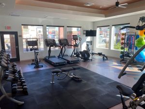 Fitness center with cardio, strength and recovery and stretching accessories.